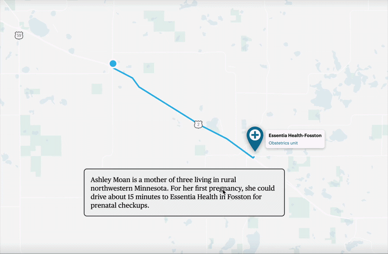 Animated map of a drive to the Essentia Health-Fosston obstetrics unit